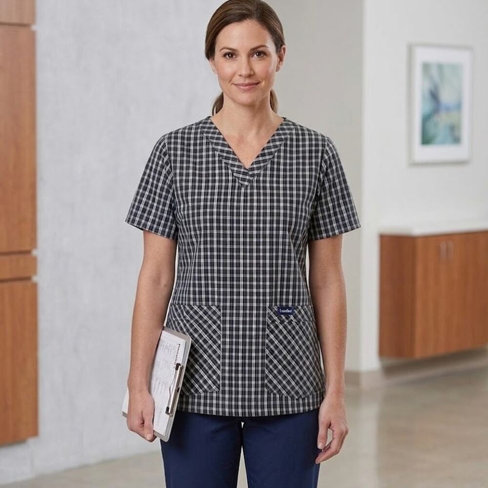 LANDAU Blue Green Red White Plaid V-neck Scrub Top Medical Uniform Medium